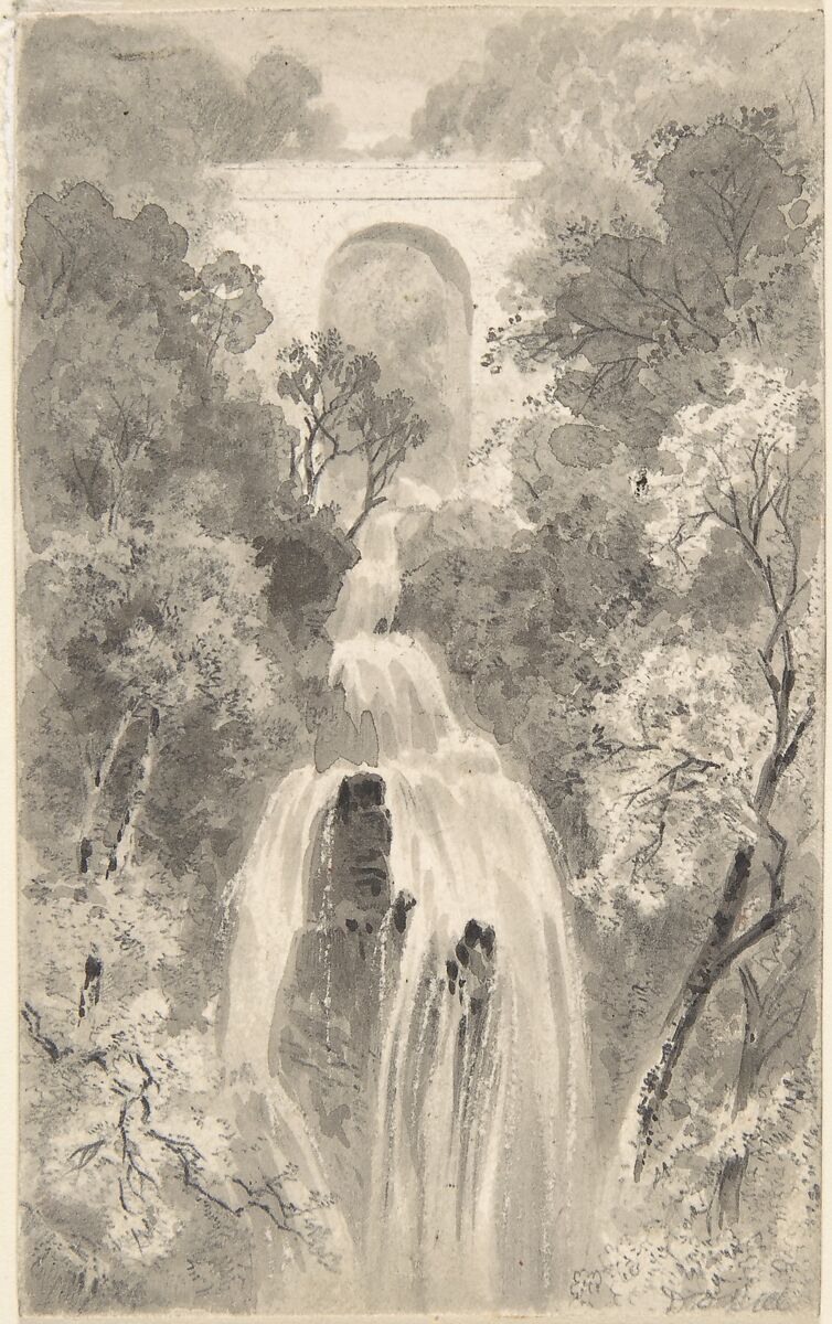 View of a Waterfall (recto); Landscape Study (verso), David Octavius Hill (British, Perth, Scotland 1802–1870 Edinburgh, Scotland), Pen and black ink, brush and wash, over graphite 