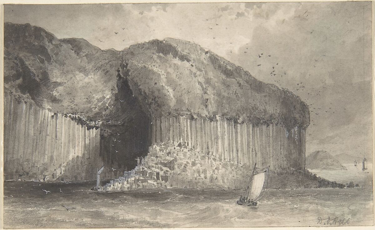 View of Fingal's Cave, David Octavius Hill (British, Perth, Scotland 1802–1870 Edinburgh, Scotland), Pen and black ink, brush and wash, over graphite 