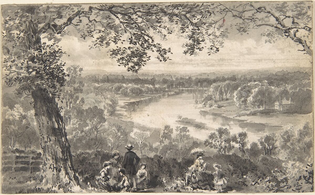 View of the Thames with Figures in Foreground, David Octavius Hill (British, Perth, Scotland 1802–1870 Edinburgh, Scotland), Pen and black ink, brush and wash, over graphite 