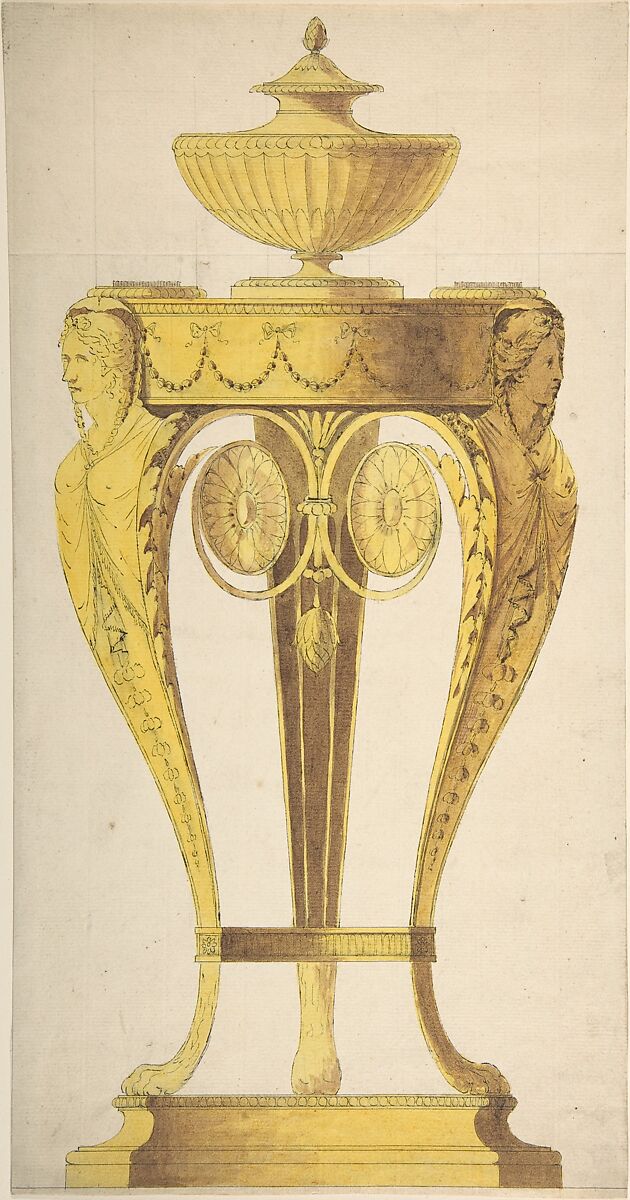 Design for a torchere or perfume burner, Attributed to Henry Holland (British, Fulham, London 1745–1806 Chelsea, London), Pen and gray and yellow washes 