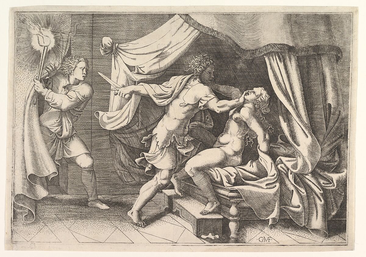 Tarquin attacking Lucretia, a servant at left witnessing the scene, Giorgio Ghisi (Italian, Mantua ca. 1520–1582 Mantua), Engraving 