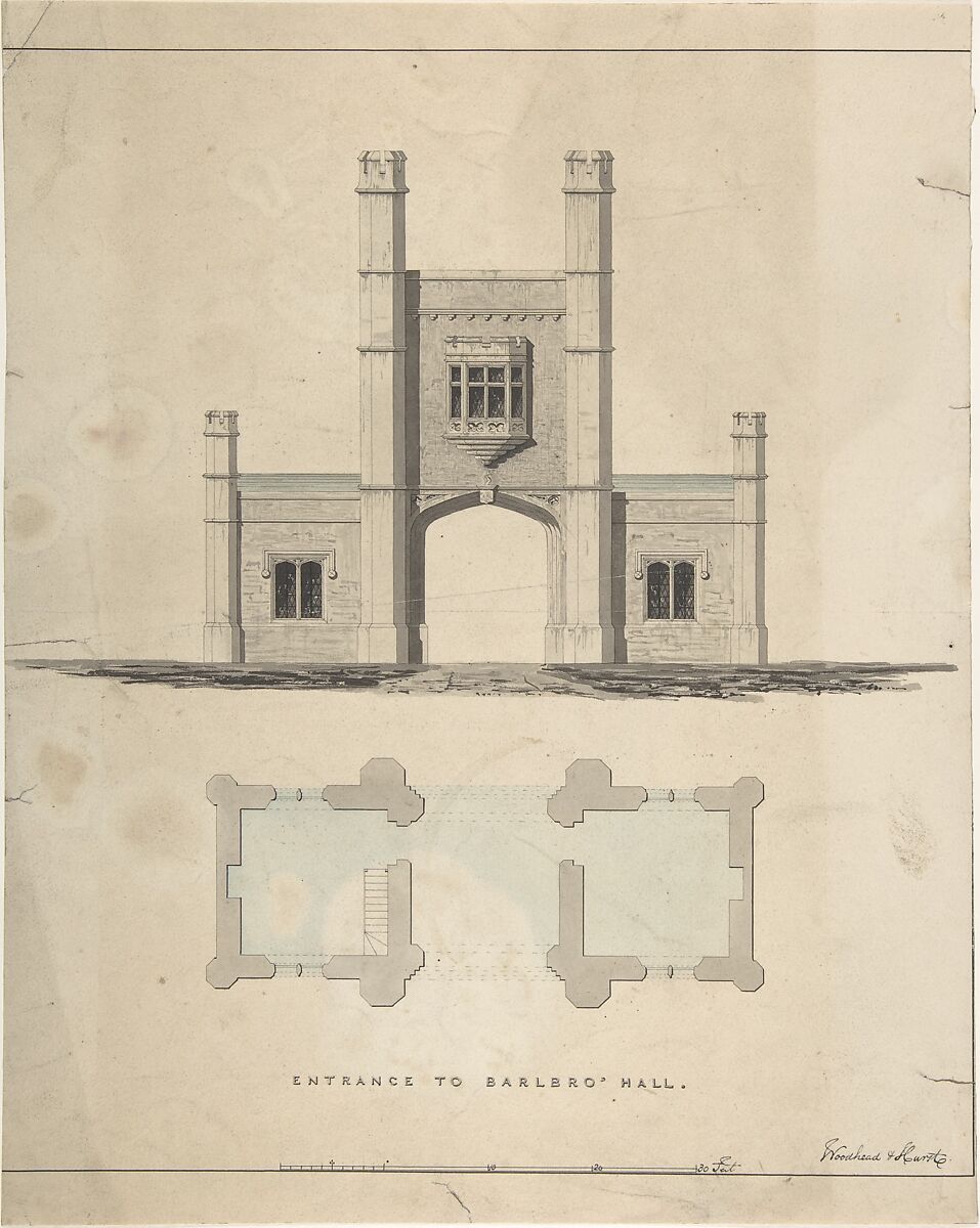 Entrance to Barlboro' Hall, William Hurst (British, Doncaster 1787–1844 Doncaster), Pen and black ink, brush and gray and black wash and watercolor 