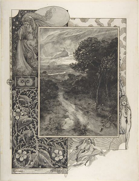 Illustration of a Landscape with a Thorn Border, William Hyde (British, active from 1889, died 1925), Pen and black ink, brush and wash with touches of white gouache (bodycolor), over graphite 