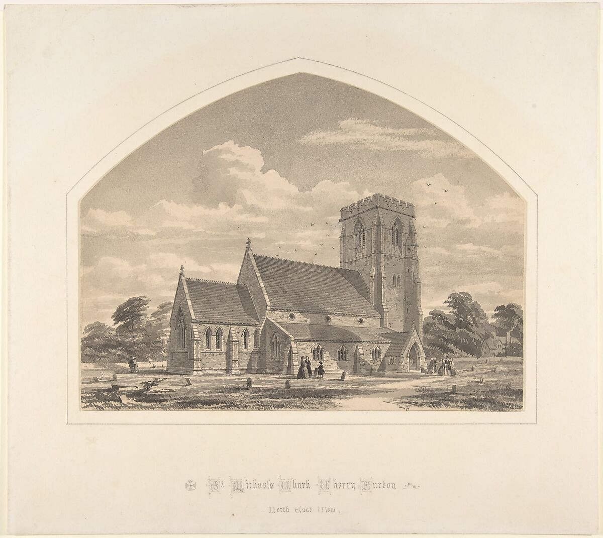 St. Michael's Church, Cherry Burton: North East View, Sir Horace Jones (British, London 1819–1887 London), Pen and black ink, watercolor, over graphite 