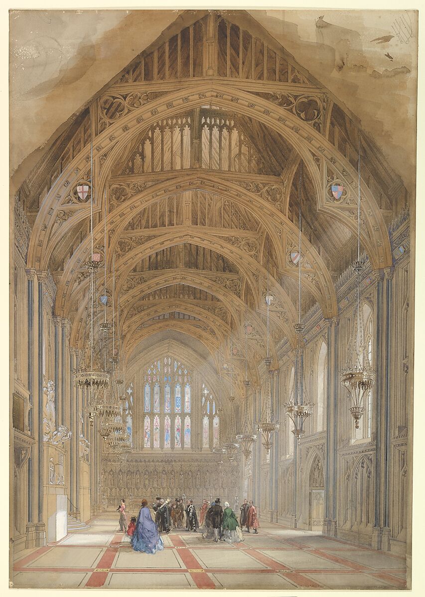 Guildhall, London: The Great Hall, Facing East, Sir Horace Jones (British, London 1819–1887 London), Watercolor, pen and ink, graphite 