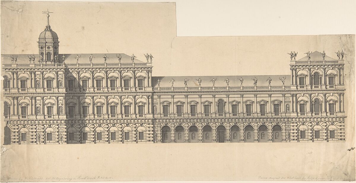 Whitehall Palace, Henry Flitcroft (British, Twiss Green, Cheshire 1697–1769 Hampstead), Pen and ink, brush and wash 