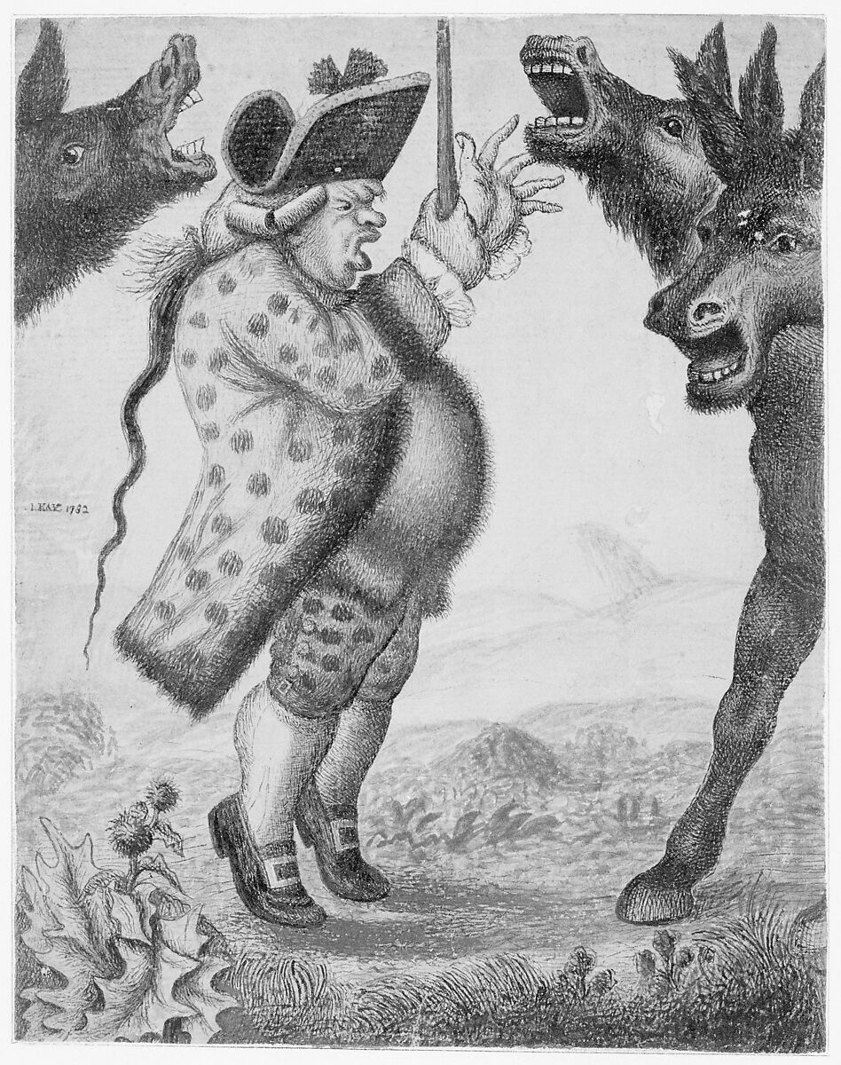 John Campbell, Precentor, Conducting Three Braying Asses, John Kay (British, Dalkeith, Scotland 1742–1826 Edinburgh), Watercolor