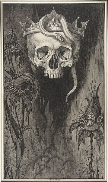 Skull Crowned with Snakes and Flowers (for "The Duchess of Malfi"), Henry Weston Keen (British, 1899–1935 Walberswick, Suffolk), Pen and black ink, brush and wash 