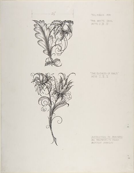 Floral Tailpiece Designs for "The Duchess of Malfi" and "The White Devil", Henry Weston Keen (British, 1899–1935 Walberswick, Suffolk), Pen and black ink 