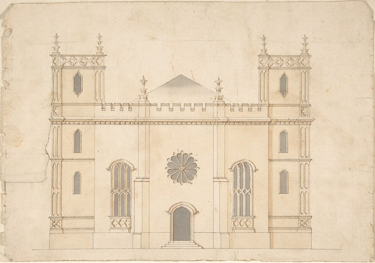 Facade of a Gothic Revival Church, Attributed to Henry Keene (British, Ealing 1726–1776 Ealing), Pen and black ink, brush and wash and watercolor 