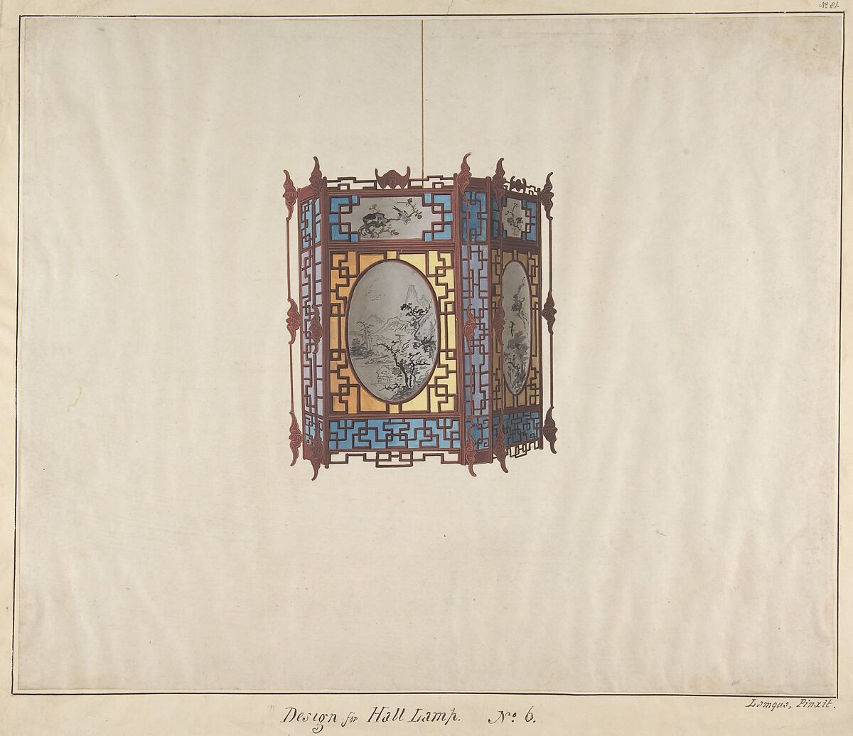 Design for a Hall Lamp No.6, Lamqua (Chinese, 19th century), Watercolor 