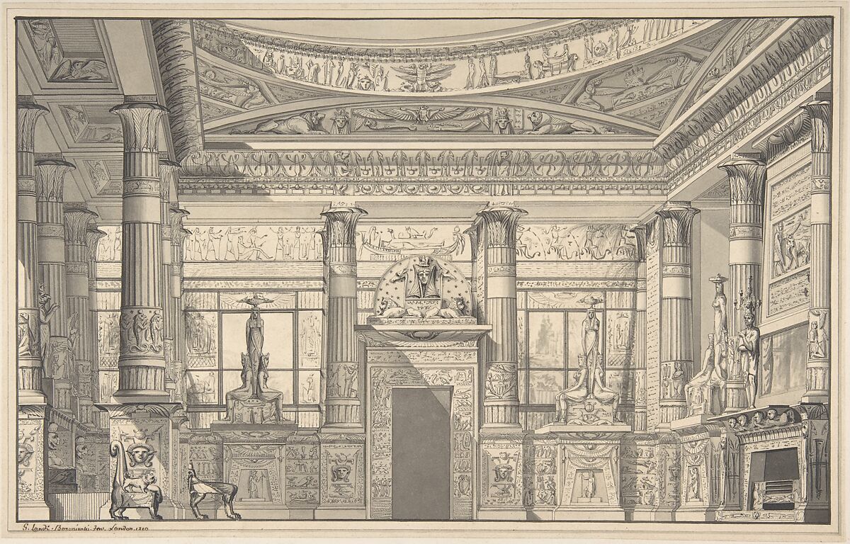 Design for an Egyptian-style Interior, Gaetano Landi (Italian, born Bologna, active Britain, early 19th century), Pen and black ink, gray wash 