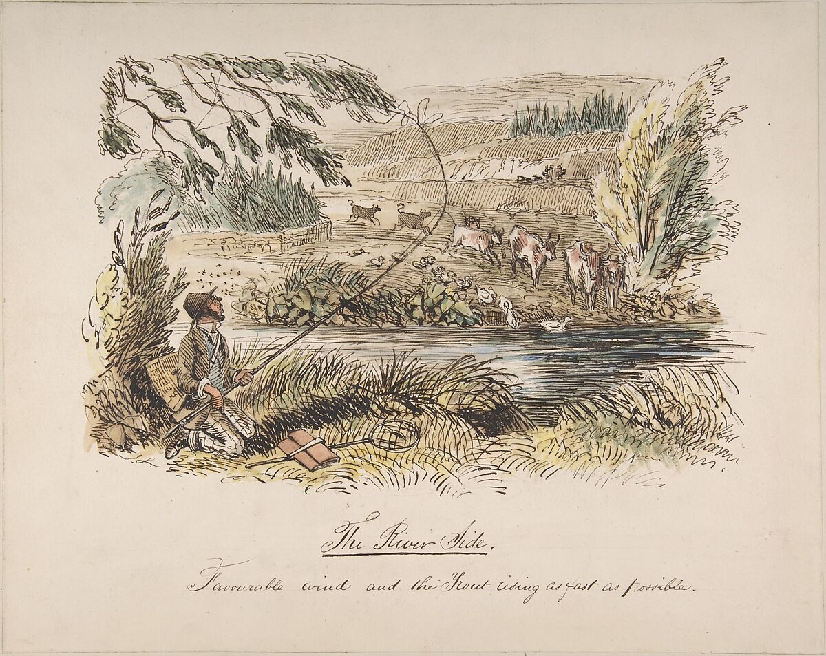"The Riverside, Favourable Wind and the Trout Rising as Fast as Possible", John Leech (British, London 1817–1864 London), Watercolor, pen and brown ink, over graphite 