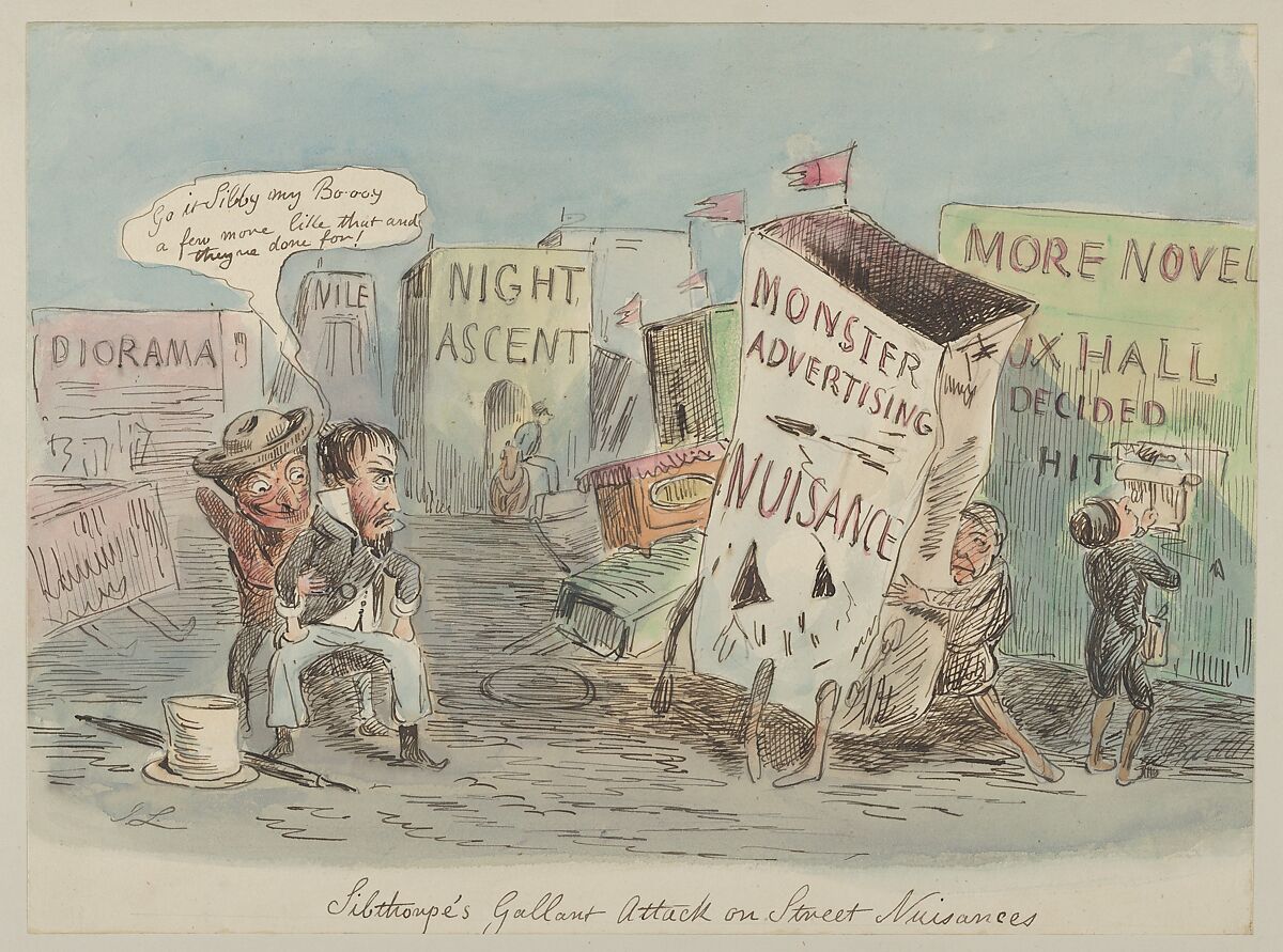 Lilthorpe's Gallant Attack on Street, Nuisances, John Leech (British, London 1817–1864 London), Watercolor, pen and brown ink 