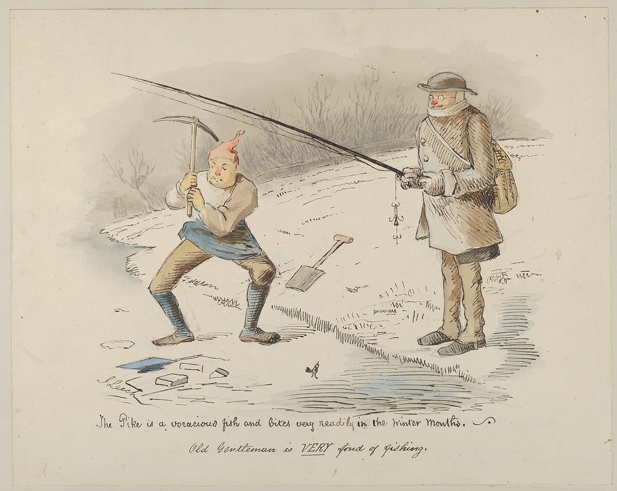 The Pike is a voracious fish and bites readily in the Winter months–Old Gentleman is VERY fond of fishing, John Leech (British, London 1817–1864 London), Watercolor, pen and brown ink 