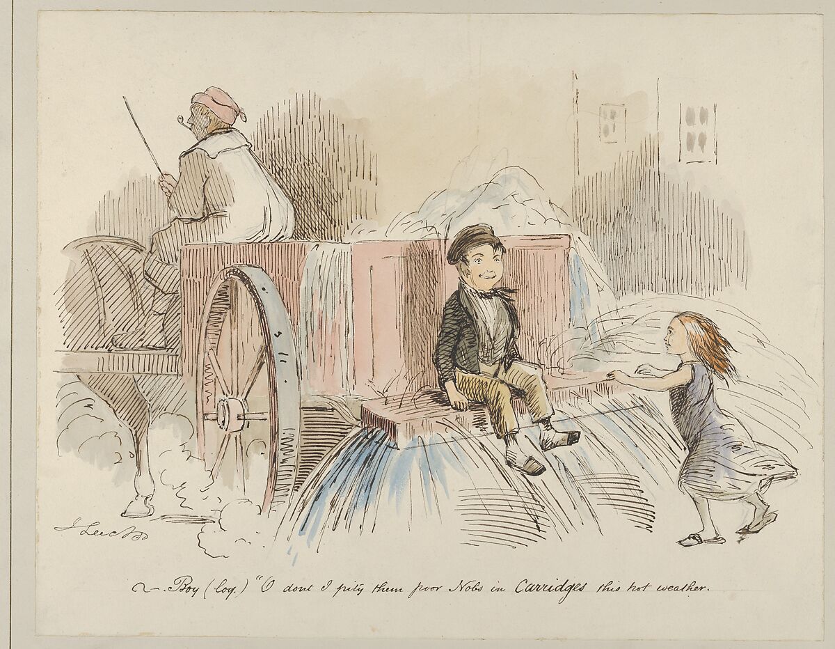 Boy (loq.) O don't I pity them poor Nobs in Carriages this hot weather, John Leech (British, London 1817–1864 London), Watercolor, pen and brown ink 