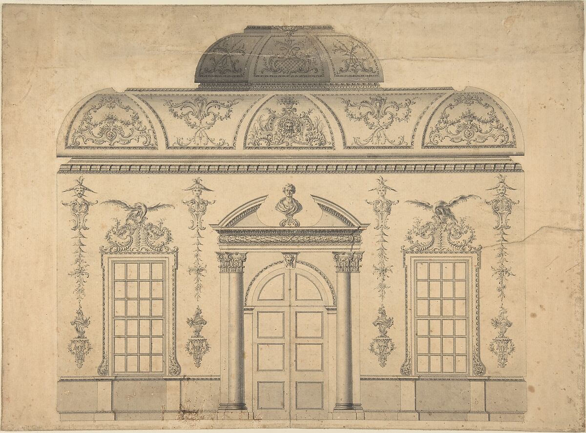 Design for the Decoration of the Window Door Wall of a Rococo Room with a Coved Ceiling and Coved Central Fanlight (Section), Attributed to Thomas Lightoler (British, active 1742–75), Pen and ink, brush and wash 