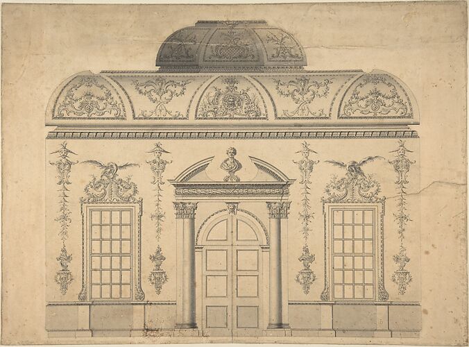 Design for the Decoration of the Window Door Wall of a Rococo Room with a Coved Ceiling and Coved Central Fanlight (Section)