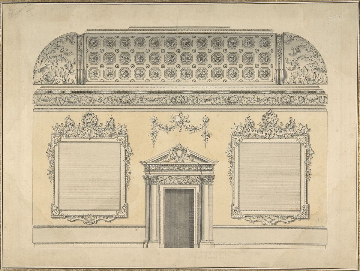 Design for Section of a Rococo Room, with a Coved Ceiling and Ornamented Corinthian Doorway, Attributed to Thomas Lightoler (British, active 1742–75), Graphite, pen and ink, brush and wash and yellow watercolor 
