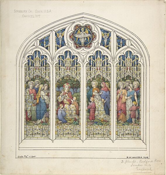 Design for Stained Glass Window, Horatio Walter Lonsdale (British, 1844–1919), Watercolor, pen and black ink over graphite 