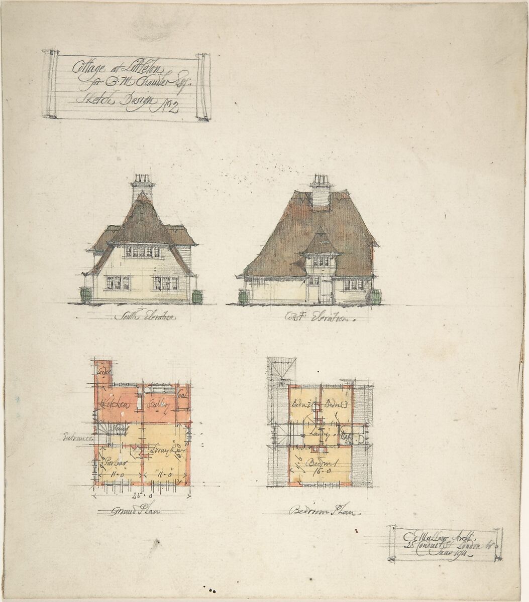 Cottage at Littleton for B.M. Chamber Esq., Charles Edward Mallows (British, 1864–1915), Pen and ink, over graphite, with watercolor 