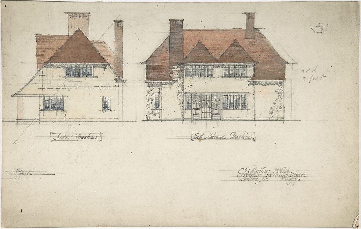 South Elevation and East or Entrance Elevation of a House, Charles Edward Mallows (British, 1864–1915), Pen and ink, over graphite, with watercolor 