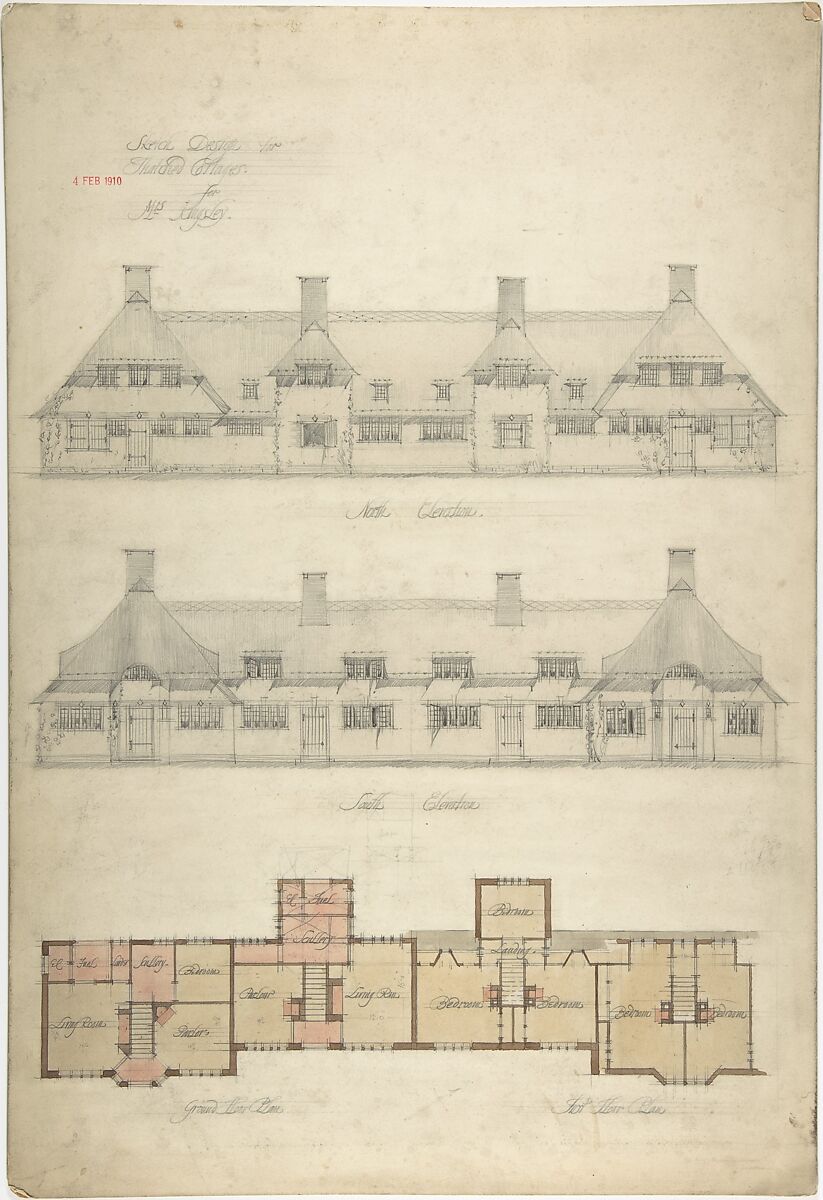 Design for Thatched Cottages for Mrs. Kingsley, Charles Edward Mallows (British, 1864–1915), Pen and ink, over graphite, with watercolor 