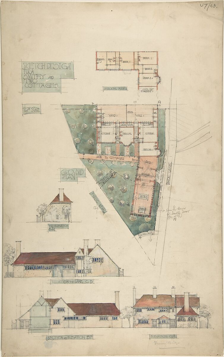 Design for a Smithy and Two Cottages, Charles Edward Mallows (British, 1864–1915), Pen and ink, over graphite, with watercolor 