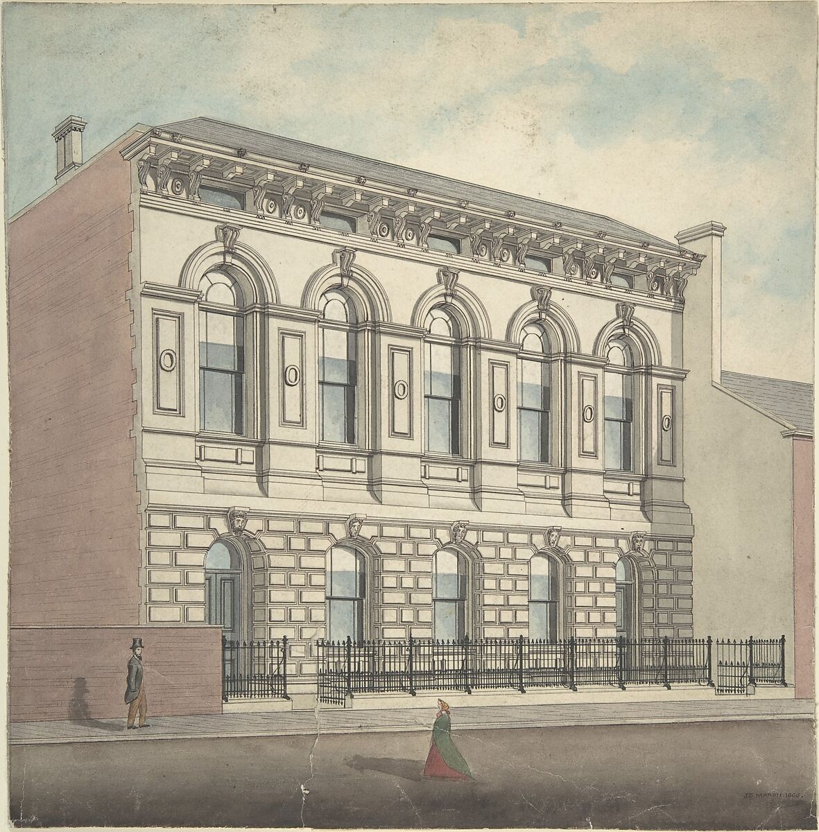 Perspective elevation, from left, of stonefaced building of five bays and two stories, J. B. Marsh (British, active 1866), Ruled black ink with blue, pink and gray washes 