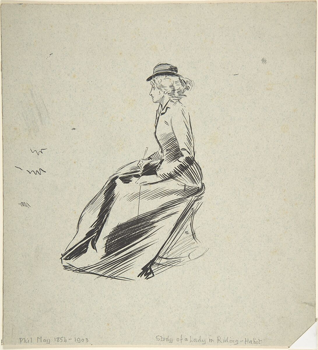 Study of a Lady in a Riding Habit, Phil May (British, New Wortley, Leeds 1864–1903 London), Pen and black ink 