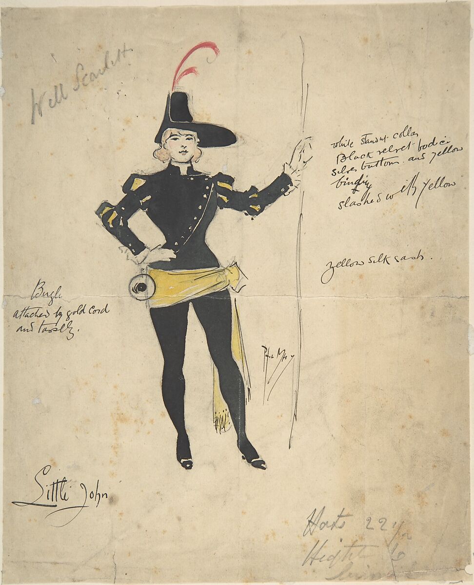 Costume Drawing for Little John, Phil May (British, New Wortley, Leeds 1864–1903 London), Pen and black ink, brush and wash and watercolor over graphite 
