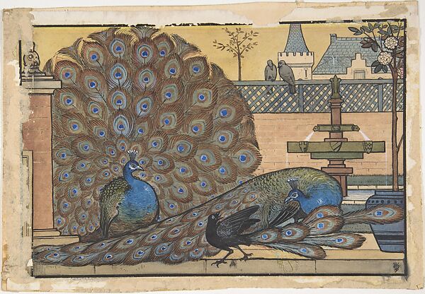 Design for a Tile: Peacocks in a Garden, Walter J. Morgan (British, Bilston 1847–1924 Birmingham), Watercolor, pen and black ink over graphite with touches of gouache (bodycolor) 
