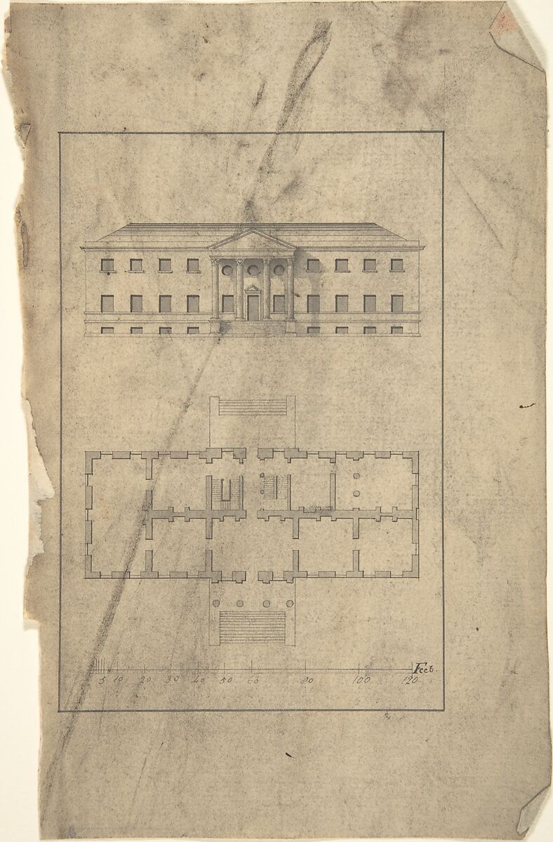 Plan and Elevation of Country House, After Robert Morris (British, Twickenham, Surrey ca. 1701–1754 London), Pen and black ink, brush and gray wash 