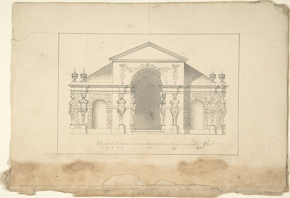 Elevation of Garden Pavilion, After Robert Morris (British, Twickenham, Surrey ca. 1701–1754 London), Pen and black ink, brush and gray wash, over graphite 