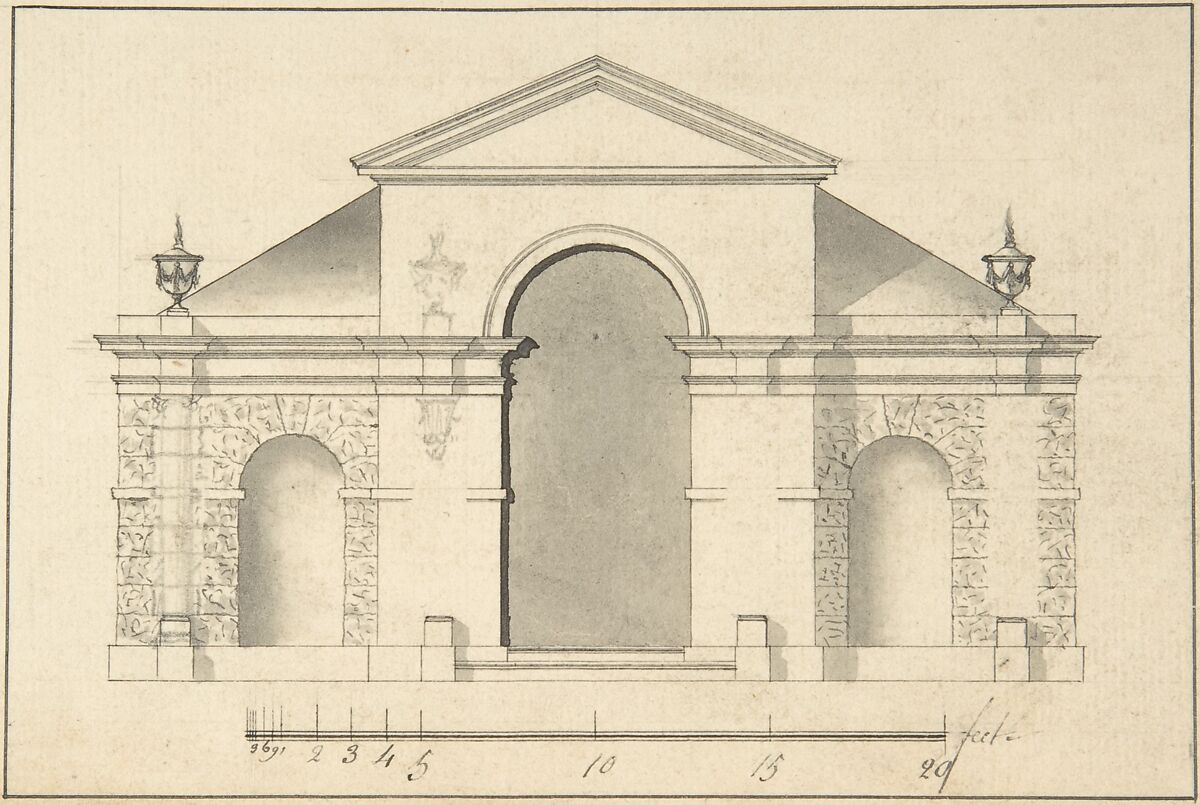 Elevation of Garden Pavilion, After Robert Morris (British, Twickenham, Surrey ca. 1701–1754 London), Pen and black ink, brush and gray wash, over graphite 