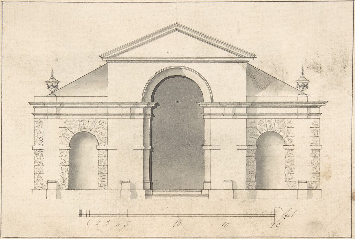 Elevation of Garden Pavilion, After Robert Morris (British, Twickenham, Surrey ca. 1701–1754 London), Pen and black ink, brush and gray wash, over graphite 