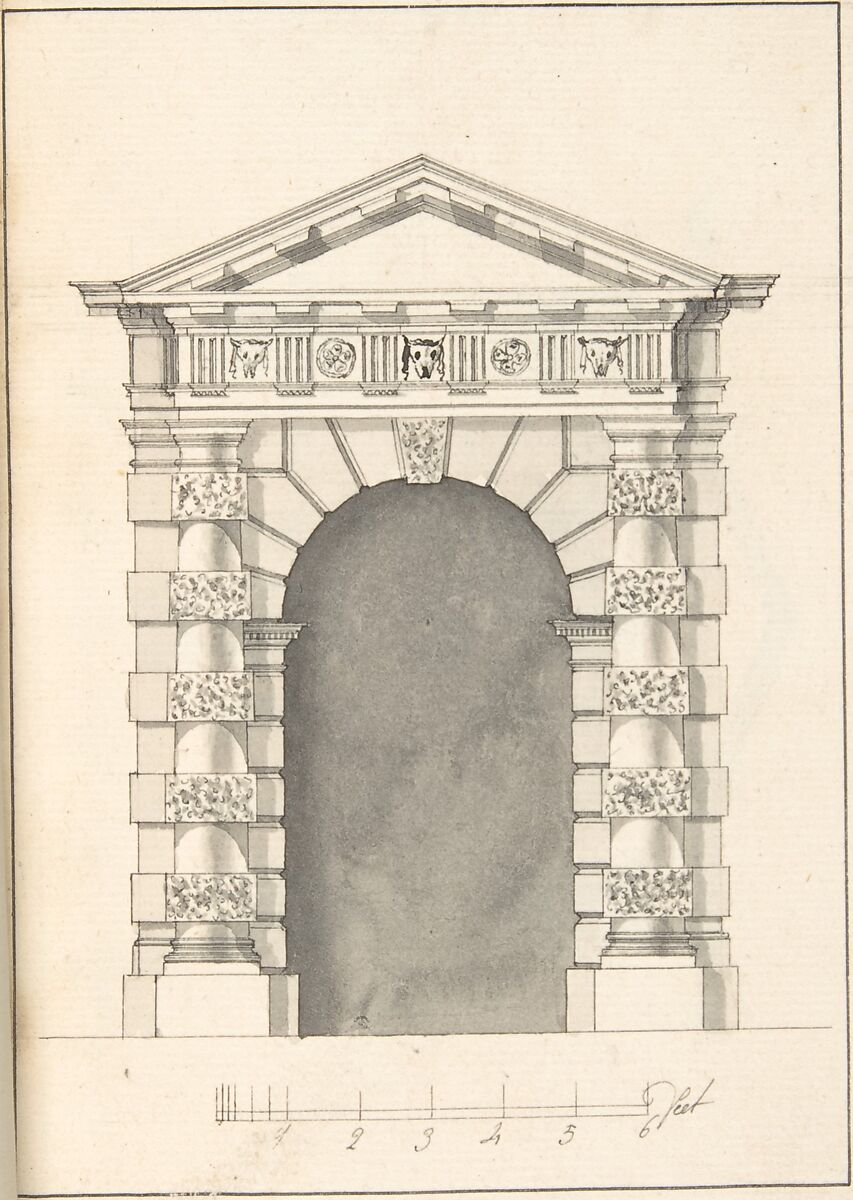Elevation of Rustic Doric Doorway, After Robert Morris (British, Twickenham, Surrey ca. 1701–1754 London), Pen and black ink, brush and gray wash, touches of graphite 