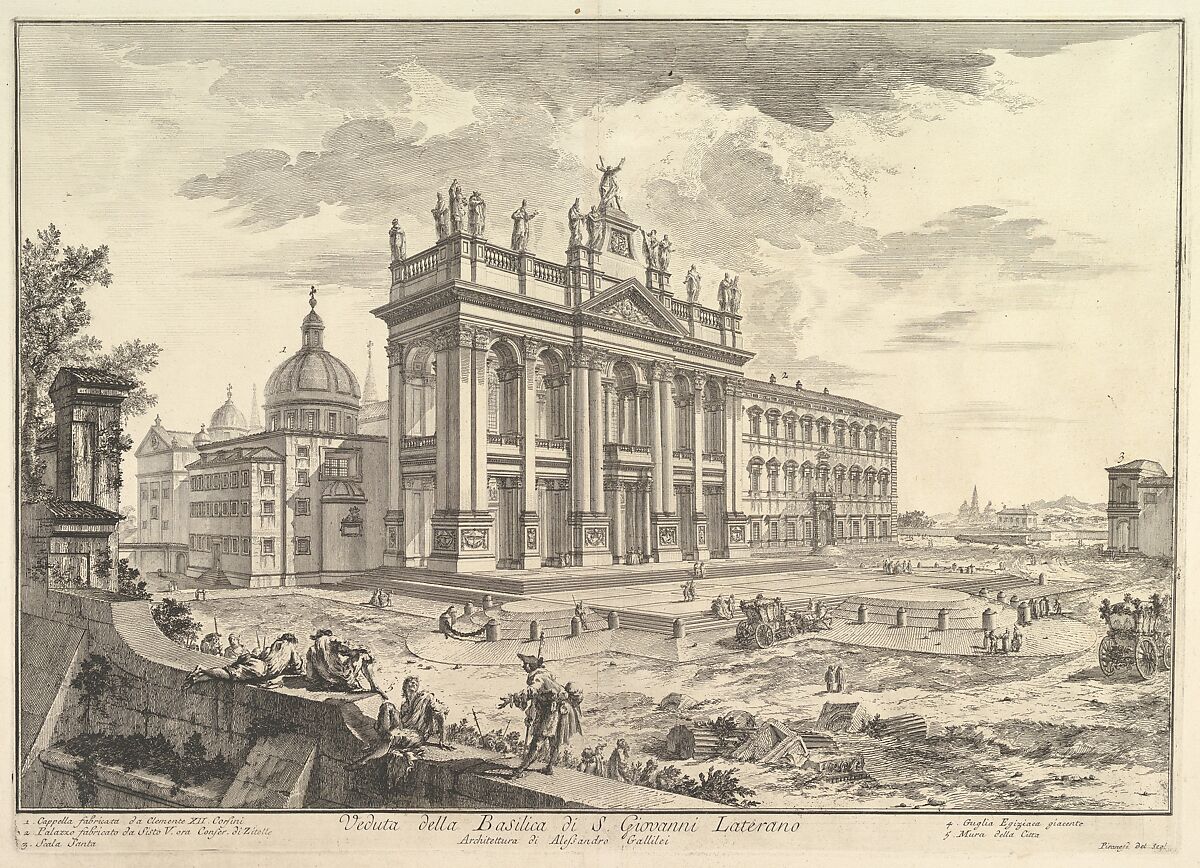 S. Giovanni in Laterano, main façade, with Palace and Scala Santa on the right (Veduta della Basilica di S. Giovanni Laterano), from "Vedute di Roma", Giovanni Battista Piranesi (Italian, Mogliano Veneto 1720–1778 Rome), Etching 