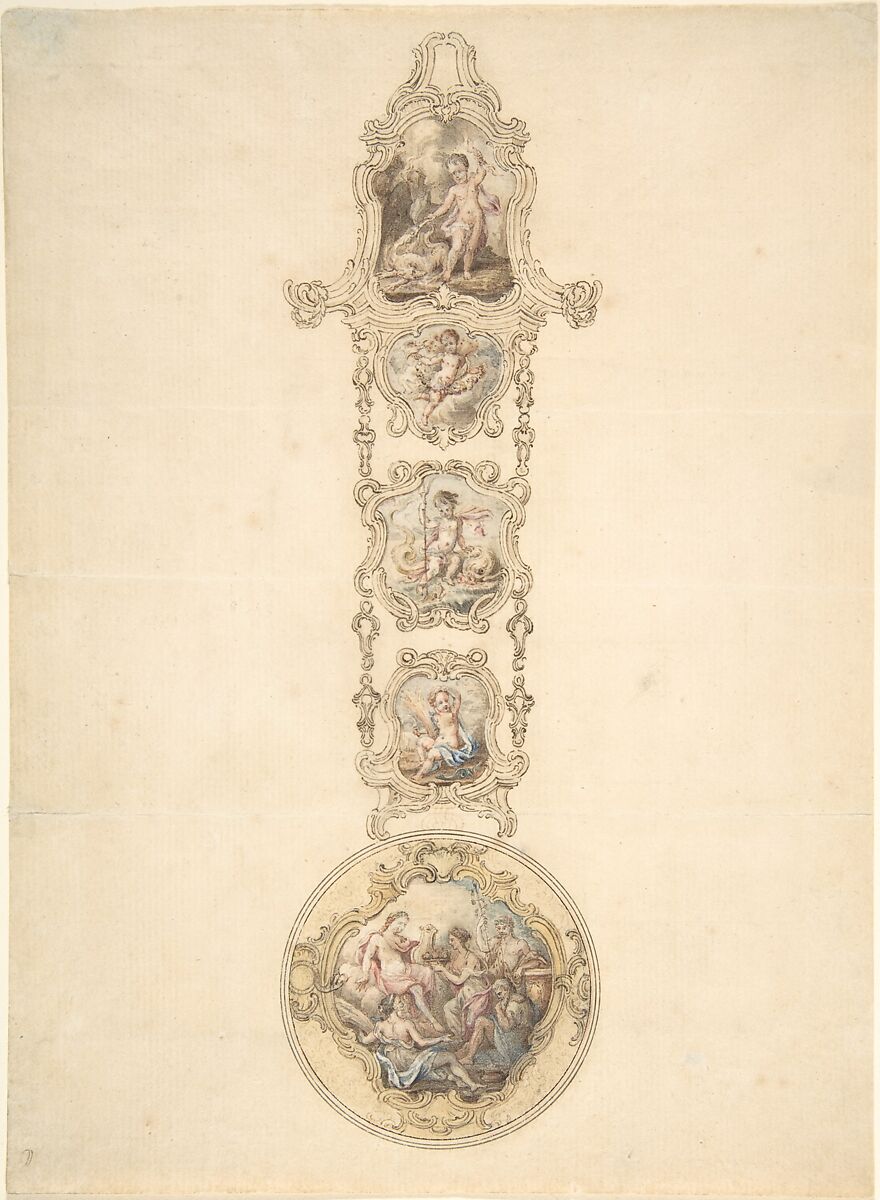 Design for an Enameled Watchcase and Châtelaine with Mythological Figures, George Michael Moser (Swiss (active Britain), Schaffhausen 1706–1783 London), Pen and ink, gouache (bodycolor) 