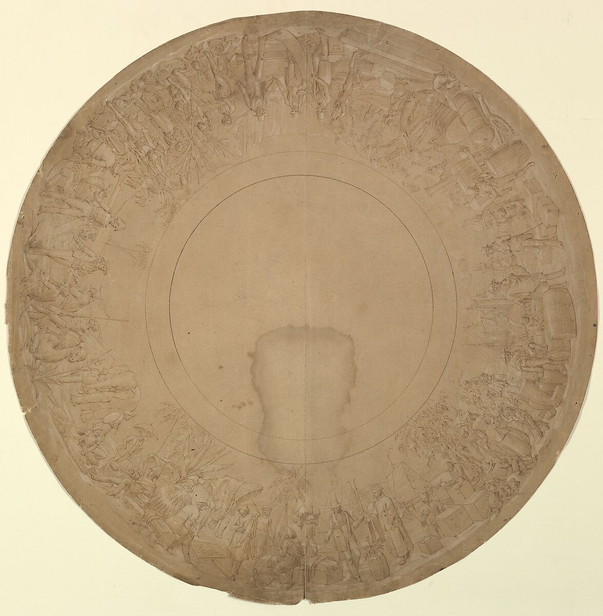 Design for a Plate Border Representing Foreign Trade, Attributed to William Mulready (Irish, Ennis 1786–1863 London), Pen and brown ink over graphite with touches of graphite 
