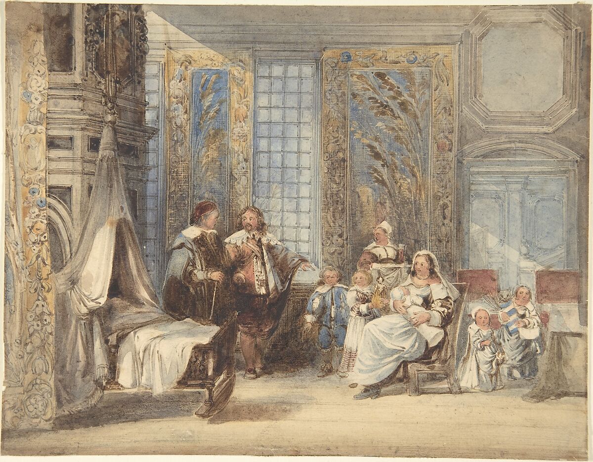 Scene with Family and Guest in Seventeenth-century Interior, Attributed to Joseph Nash (British, Buckinghamshire 1809–1878 Kensington), Watercolor over graphite 