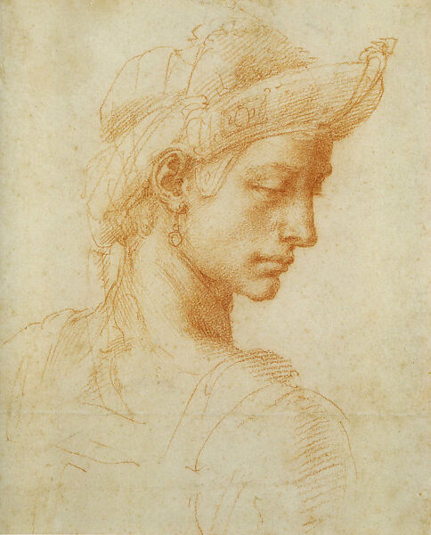 Study of a Youth in Exotic Costume in Bust-Length, Michelangelo Buonarroti (Italian, Caprese 1475–1564 Rome), Red chalk on off-white paper 