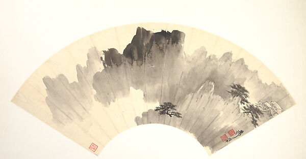 Pine in the misty Mountains, Xie Zhiliu (Chinese, 1910–1997), Folding fan mounted as an album leaf; ink on alum paper, China 