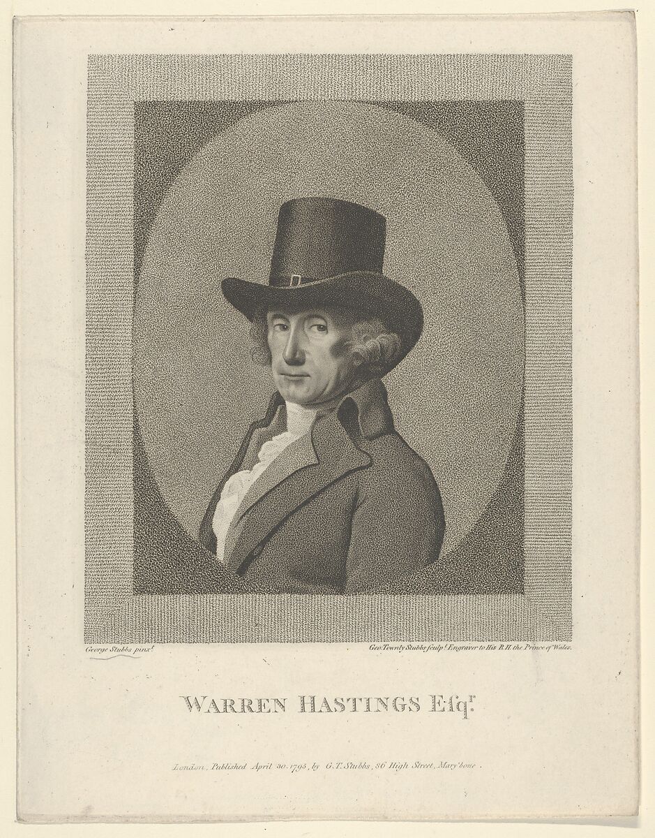 Portrait of Warren Hastings, Esq., George Townley Stubbs (British, Liverpool 1756–1815?), Stipple engraving 