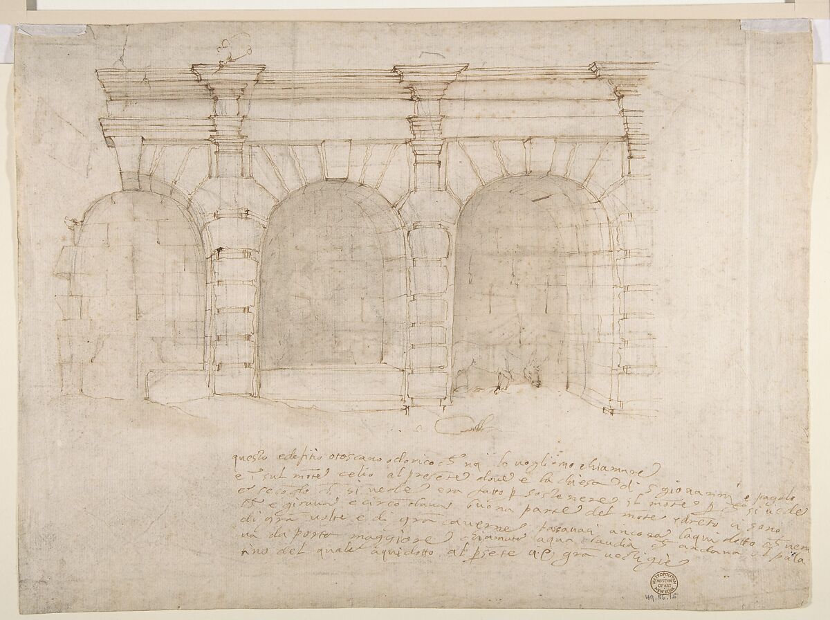 Elevation of Giulio Romano's House (recto); the Ruins from the Caelius Aqueduct and Temple of Claudius in Rome (verso), Giovanni Battista Naldini (Italian, Florence 1535–1591 Florence), Pen and brown ink, over leadpoint