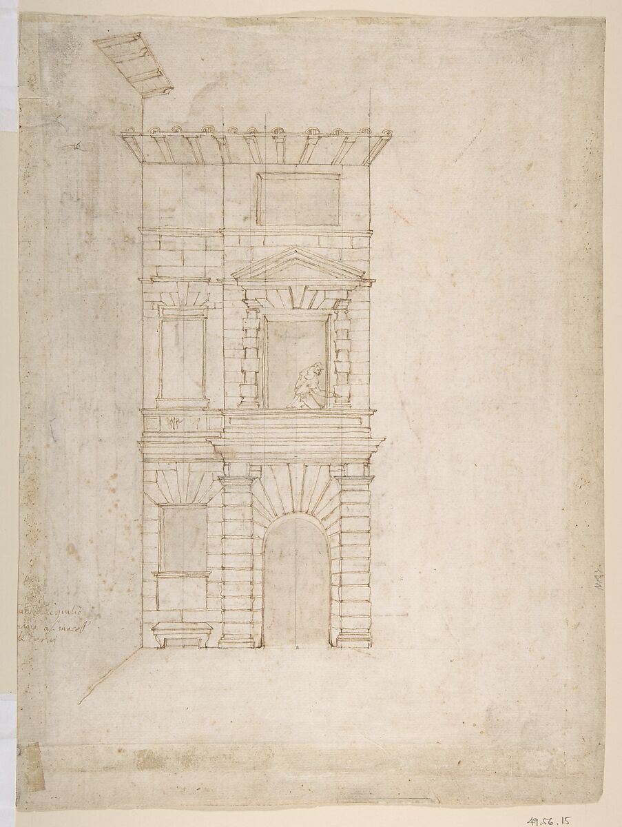 Elevation of Giulio Romano's House (recto); the Ruins from the Caelius Aqueduct and Temple of Claudius in Rome (verso), Giovanni Battista Naldini (Italian, Florence 1535–1591 Florence), Pen and brown ink, over leadpoint 