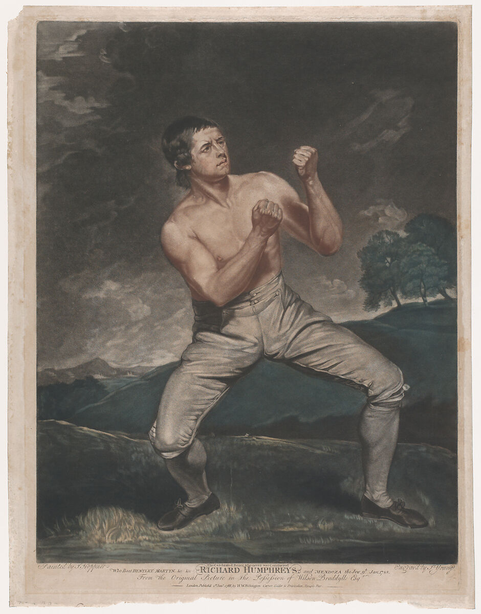 Richard Humphreys, the Celebrated Boxer Who Never Was Conquered, John Young (British, 1755–1825 London), Mezzotint printed in color with hand coloring, between first and second states 