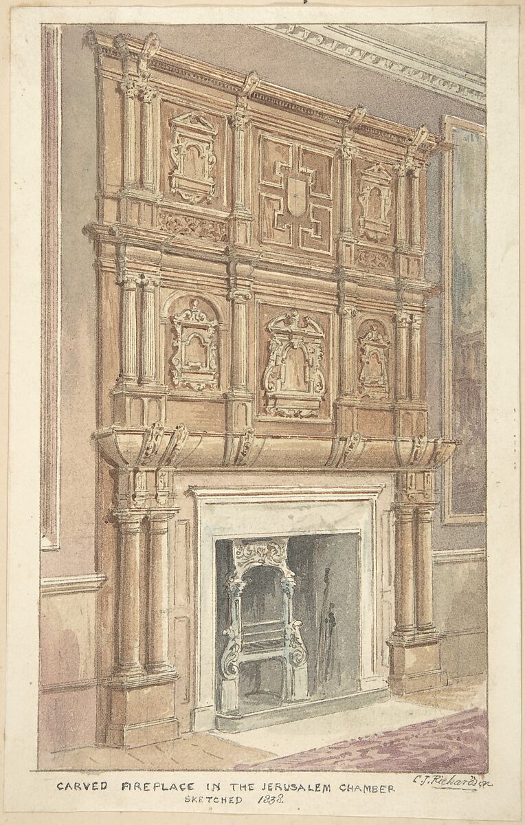 Oak Carving from Fireplace in the Jerusalem Chamber, Westminster, Charles James Richardson (British, London 1806–1871 London), Watercolor 