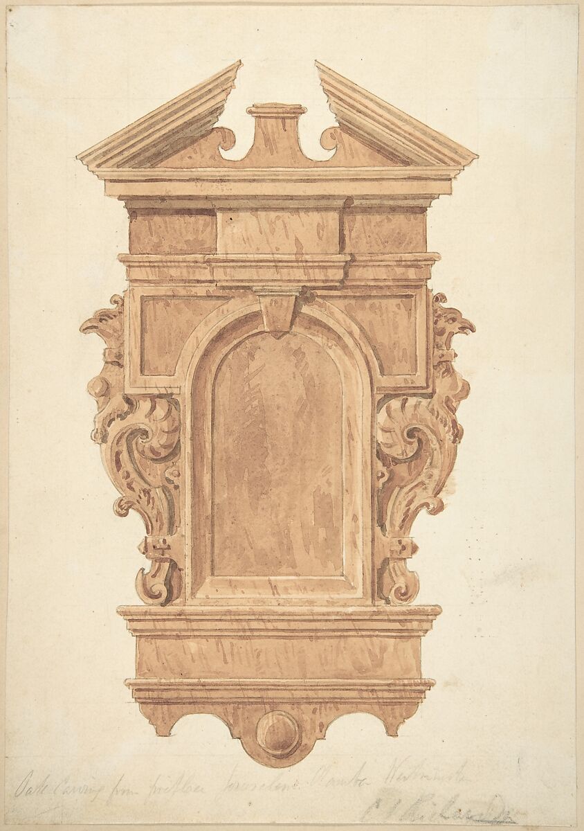 Design for Oak Carving, from the Fireplace, Jerusalem Chamber, Westminster, Charles James Richardson (British, London 1806–1871 London), Watercolor 