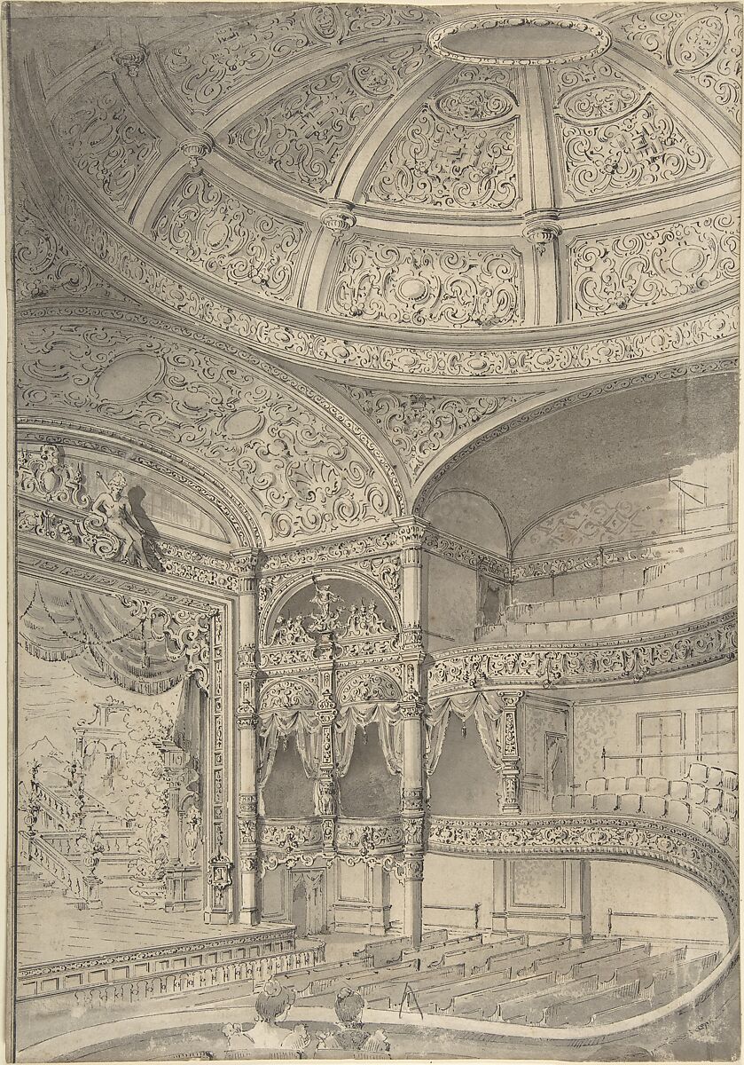 Interior of a theatre, Attributed to David Roberts (British, Stockbridge, Scotland 1796–1864 London), Pen and ink 